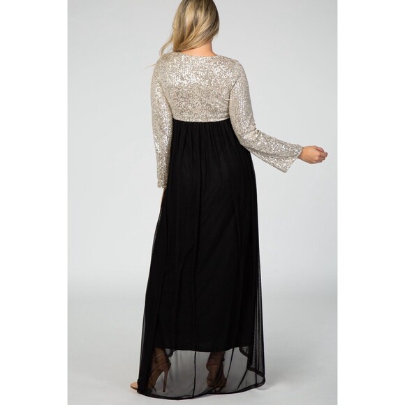 PinkBlush Maternity Dress Gold Sequin Bodice Tulle Long Sleeve Maxi Gown Small - Picture 4 of 13